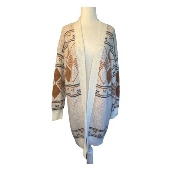 Lulu's Anchorage Long Line Cardigan Sweater Cream Argyle Inspired Print S - Picture 3 of 11